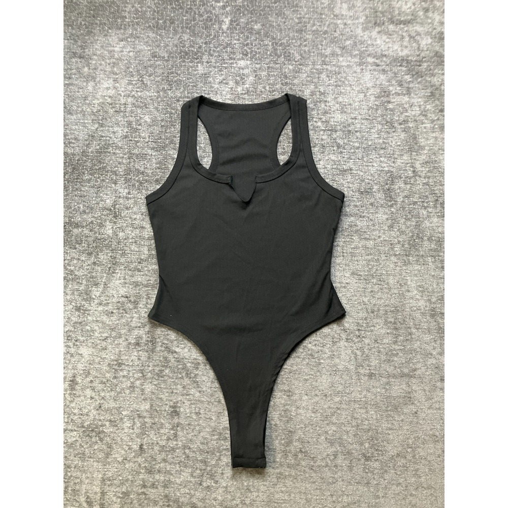 Shein Ribbed Bodysuit Womens Medium 6 Black Scoop Neck Notch Front Sleeveless